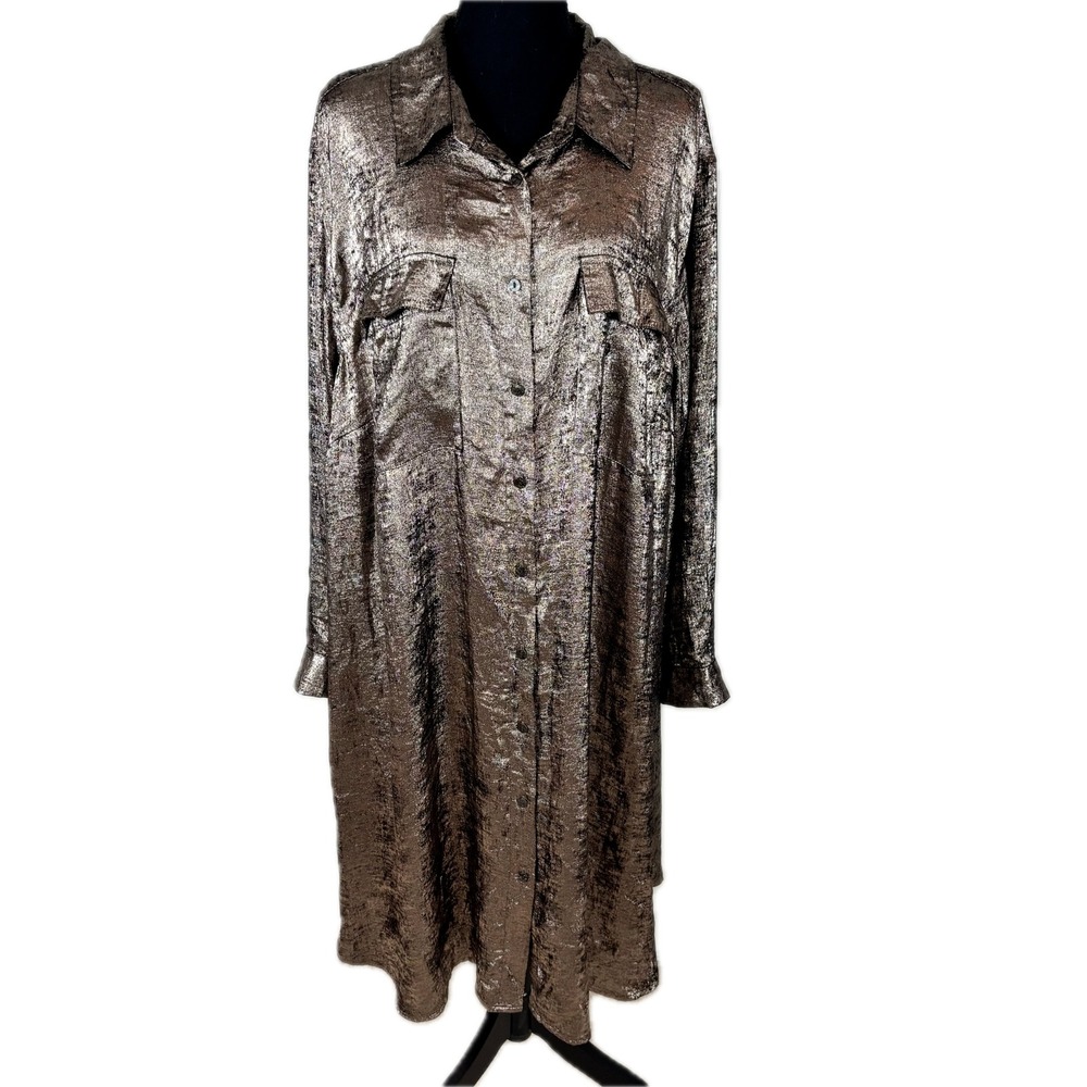 Ava & Viv Metallic Bronze Shirt Midi Dress - Picture 2 of 7